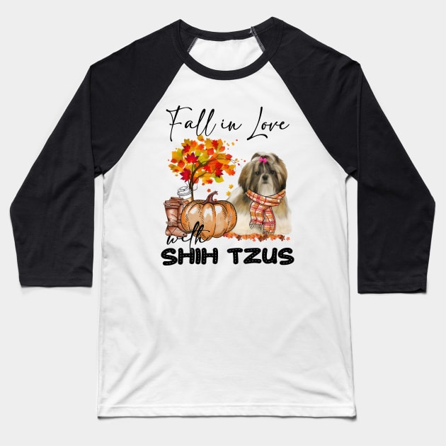 Fall In Love With Shih Tzus Fall Pumpkin Thanksgiving Baseball T-Shirt by Gearlds Leonia